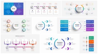 Seçenekleri, adımları ve süreçleri olan ticari bilgi tasarım şablonu koleksiyonu. İş akışı düzeni, diyagram, sayı seçenekleri, web tasarımı için kullanılabilir