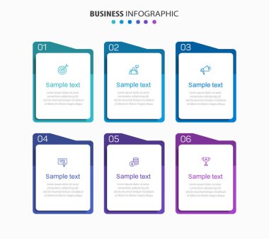 Simgeli ve 6 basamaklı iş vektörü bilgi tasarımı şablonu. İşlem şeması, sunumlar, iş akışı düzeni, afiş, akış şeması, bilgi grafiği için kullanılabilir