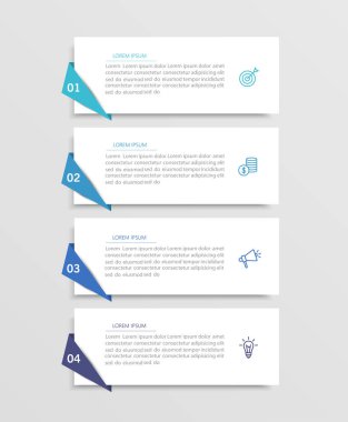 4 seçenek, adım ya da süreç içeren ticari bilgi şablonu. İş akışı düzeni, diyagram, yıllık rapor, web tasarımı için kullanılabilir