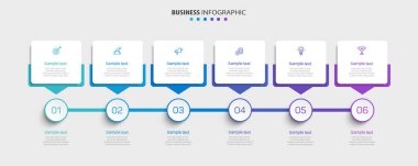 Simgeli ve 6 basamaklı iş vektörü bilgi tasarımı şablonu. İşlem şeması, sunumlar, iş akışı düzeni, afiş, akış şeması, bilgi grafiği için kullanılabilir