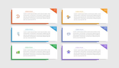 Simgeli ve 6 basamaklı iş vektörü bilgi tasarımı şablonu. İşlem şeması, sunumlar, iş akışı düzeni, afiş, akış şeması, bilgi grafiği için kullanılabilir