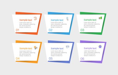 Infographic tasarım iş şablonu, 6 seçenek, adım. İş akışı düzeni, diyagram, yıllık rapor ve web tasarımı için kullanılabilir. Vektör 10