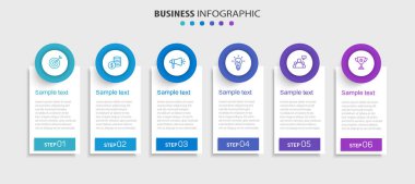 Infographic tasarım iş şablonu, 6 seçenek, adım. İş akışı düzeni, diyagram, yıllık rapor ve web tasarımı için kullanılabilir. Vektör 10