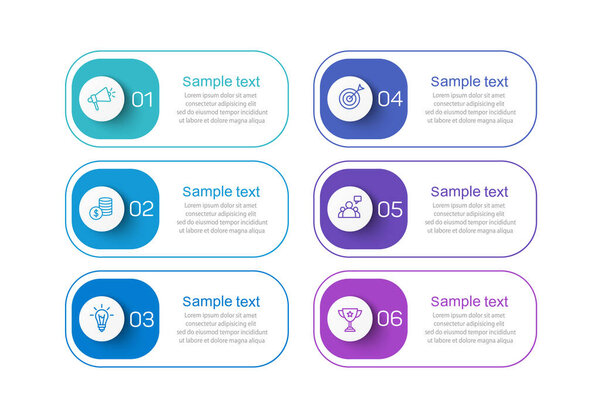 Инфографический дизайн бизнес-шаблон с 6 вариантами, шагами. Может использоваться для верстки рабочих процессов, составления отчетов, годового отчета, веб-дизайна. Вектор EPS 10