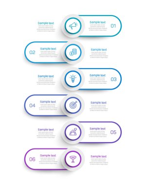 Infographic tasarım iş şablonu, 6 seçenek, adım. İş akışı düzeni, diyagram, yıllık rapor ve web tasarımı için kullanılabilir. Vektör 10