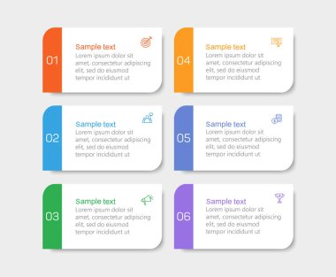 Infographic tasarım iş şablonu, 6 seçenek, adım. İş akışı düzeni, diyagram, yıllık rapor ve web tasarımı için kullanılabilir. Vektör 10