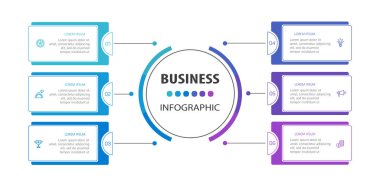 Infographic tasarım iş şablonu, 6 seçenek, adım. İş akışı düzeni, diyagram, yıllık rapor ve web tasarımı için kullanılabilir. Vektör 10