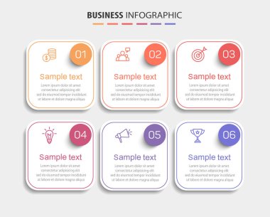 İş vektörü bilgisel tasarım şablonu 6 seçenek veya adımla. İşlem şeması, sunumlar, iş akışı düzeni, afiş, akış şeması, bilgi grafiği için kullanılabilir
