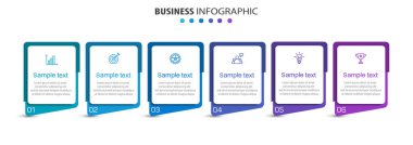 Simgeli ve 6 basamaklı iş vektörü bilgi tasarımı şablonu. İşlem şeması, sunumlar, iş akışı düzeni, afiş, akış şeması, bilgi grafiği için kullanılabilir