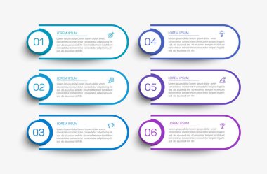 Simgeli ve 6 basamaklı iş vektörü bilgi tasarımı şablonu. İşlem şeması, sunumlar, iş akışı düzeni, afiş, akış şeması, bilgi grafiği için kullanılabilir