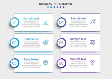 Simgeli ve 6 basamaklı iş vektörü bilgi tasarımı şablonu. İşlem şeması, sunumlar, iş akışı düzeni, afiş, akış şeması, bilgi grafiği için kullanılabilir