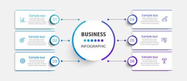Simgeli ve 6 basamaklı iş vektörü bilgi tasarımı şablonu. İşlem şeması, sunumlar, iş akışı düzeni, afiş, akış şeması, bilgi grafiği için kullanılabilir