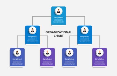 Ticari avatar simgeleriyle kurumsal organizasyon şeması. İş hiyerarşisi bilgi elemanları. Vektör illüstrasyonu