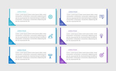 Simgeli ve 6 basamaklı iş vektörü bilgi tasarımı şablonu. İşlem şeması, sunumlar, iş akışı düzeni, afiş, akış şeması, bilgi grafiği için kullanılabilir
