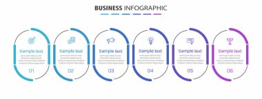 Simgeli ve 6 basamaklı iş vektörü bilgi tasarımı şablonu. İşlem şeması, sunumlar, iş akışı düzeni, afiş, akış şeması, bilgi grafiği için kullanılabilir