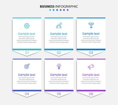 Simgeli ve 6 basamaklı iş vektörü bilgi tasarımı şablonu. İşlem şeması, sunumlar, iş akışı düzeni, afiş, akış şeması, bilgi grafiği için kullanılabilir