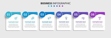 Simgeli ve 6 basamaklı iş vektörü bilgi tasarımı şablonu. İşlem şeması, sunumlar, iş akışı düzeni, afiş, akış şeması, bilgi grafiği için kullanılabilir