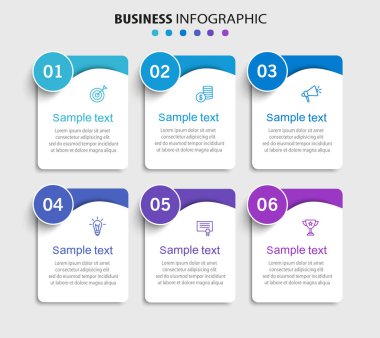 Simgeli ve 6 basamaklı iş vektörü bilgi tasarımı şablonu. İşlem şeması, sunumlar, iş akışı düzeni, afiş, akış şeması, bilgi grafiği için kullanılabilir