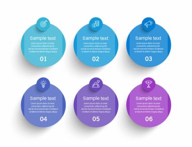 Simgeli ve 6 basamaklı iş vektörü bilgi tasarımı şablonu. İşlem şeması, sunumlar, iş akışı düzeni, afiş, akış şeması, bilgi grafiği için kullanılabilir