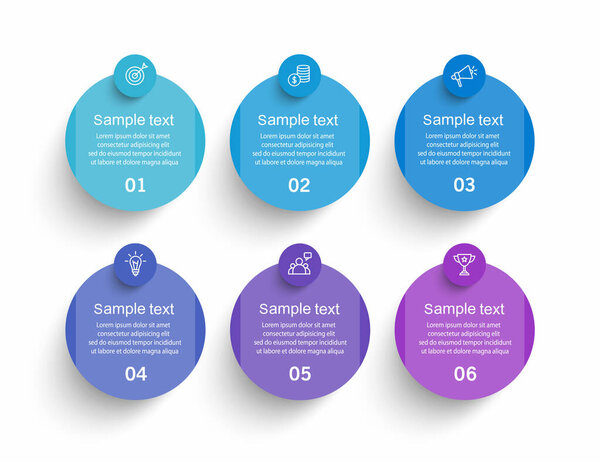 Шаблон бизнес-векторного инфографического дизайна с иконками и 6 вариантами или шагами. Может использоваться для процессов, презентаций, компоновки рабочего процесса, баннера, блок-схемы, инфо-графика