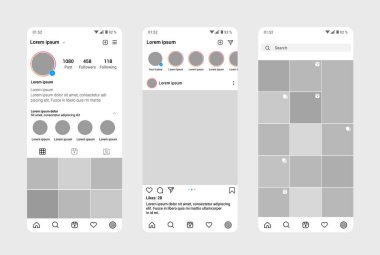 Instagram profil arayüz şablonu. Mobil uygulama UI, UX, GUI tasarımı. Bir dizi ekran ana sayfası, profil, arama. Şablon Uygulaması. Kullanıcı Tasarımı