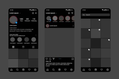 Instagram profili koyu arayüz şablonu. Mobil uygulama UI, UX, GUI tasarımı. Bir dizi ekran ana sayfası, profil, arama. Şablon Uygulaması. Kullanıcı Tasarımı