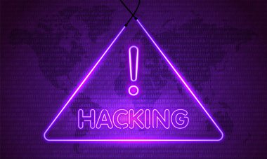 Attention Danger Hacking. Neon Symbol on Map Dark Purple Background. Security protection Malware Hack Attack Data Breach Concept. System hacked error, Attacker alert sign computer virus. Ransomware. Vector illustration