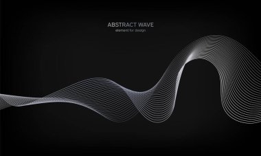 Siyah arkaplanda tasarım için soyut dalga ögesi. Renkli, parlak, çizgili dalgalar. Dijital frekans dengeleyici. Dalgalı kıvrımlı çizgi. Pürüzsüz şerit. Tarz sahibi sanat. Modern tasarım. Vektör