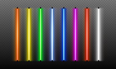 Şeffaf arkaplanda neon fırçalar ayarlandı. Renkli ışık nesneleri. Parlak neon ışıkları olan klasik elektrikli tabela. Renk ışığı düşer. Aydınlatılmış salon. Vektör illüstrasyonu.