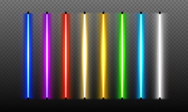 Şeffaf arkaplanda neon fırçalar ayarlandı. Renkli ışık nesneleri. Parlak neon ışıkları olan klasik elektrikli tabela. Renk ışığı düşer. Aydınlatılmış salon. Vektör illüstrasyonu.