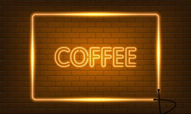 Neon sign COFFEE in a frame on brick wall background. Vintage electric signboard with bright neon lights. Orange light falls. Vector illustration.