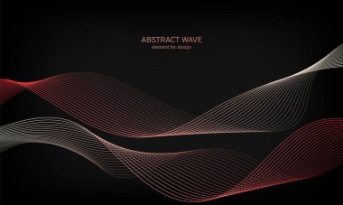 Siyah arkaplanda tasarım için soyut dalga ögesi. Renkli, parlak, çizgili dalgalar. Dijital frekans dengeleyici. Dalgalı kıvrımlı çizgi. Pürüzsüz şerit. Tarz sahibi sanat. Modern tasarım. Vektör