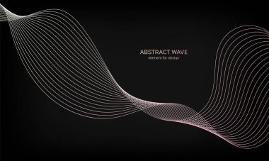 Siyah arkaplanda tasarım için soyut dalga ögesi. Renkli, parlak, çizgili dalgalar. Dijital frekans dengeleyici. Dalgalı kıvrımlı çizgi. Pürüzsüz şerit. Tarz sahibi sanat. Modern tasarım. Vektör