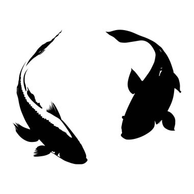 Two fish black silhouette. Isolated element. Black shape on white transparent background. Plotter laser cutting file. Chinese or Japanese painting with strokes of black paint. Vector Illustration
