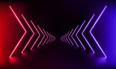 Podium, road, pedestal or platform with neon luminous rays on blue and pink background. Stage with scenic lights. Abstract neon backdrop. Neon magic lights arrow line.Motion shine.Vector illustration