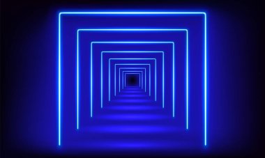 Podium, road, pedestal, platform in form square with neon luminous rays on blue background. Stage with scenic lights. Abstract 3D neon backdrop. Neon magic motion lights line. Vector illustration
