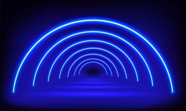 Podium, road, pedestal, platform in form circle with neon luminous rays on blue background. Stage with scenic lights. Abstract 3D neon backdrop. Neon magic motion lights semicircle. Vector illustration.