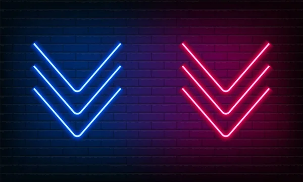 Neonové Znamení Arrow Dolů Modré Růžové Pozadí Cihlové Zdi Klasická — Stockový vektor