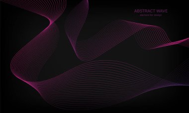 Siyah arkaplanda tasarım için soyut dalga ögesi. Renkli, parlak, çizgili dalgalar. Dijital frekans dengeleyici. Dalgalı kıvrımlı çizgi. Pürüzsüz şerit. Tarz sahibi sanat. Modern tasarım. Vektör