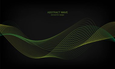 Siyah arkaplanda tasarım için soyut dalga ögesi. Renkli, parlak, çizgili dalgalar. Dijital frekans dengeleyici. Dalgalı kıvrımlı çizgi. Pürüzsüz şerit. Tarz sahibi sanat. Modern tasarım. Vektör