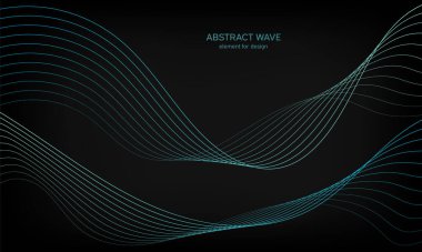 Siyah arkaplanda tasarım için soyut dalga ögesi. Renkli, parlak, çizgili dalgalar. Dijital frekans dengeleyici. Dalgalı kıvrımlı çizgi. Pürüzsüz şerit. Tarz sahibi sanat. Modern tasarım. Vektör