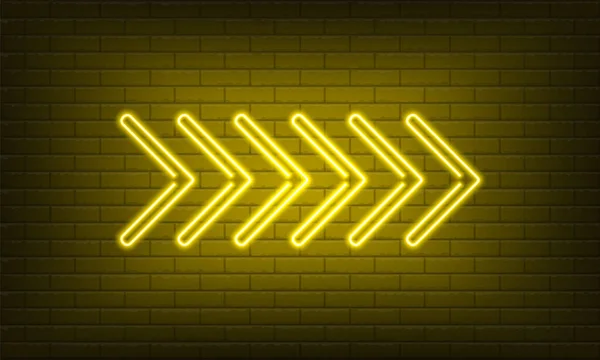 Insegna Neon Freccia Giallo Destro Sfondo Muro Mattoni Cartello Elettrico — Vettoriale Stock