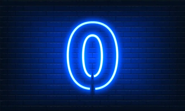Číslo Nula Neon Znak Pozadí Cihlové Zdi Ročník Modrá Elektrická — Stockový vektor