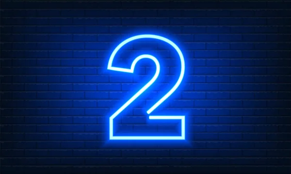 2番目のレンガの壁の背景にネオンサイン 鮮やかなネオンライトの碑文とヴィンテージブルーの電気看板 ナンバー2テンプレートアイコン ネオンバナー 夜間広告 ベクターイラスト — ストックベクタ