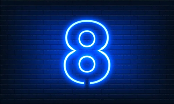 数レンガの壁の背景に8ネオンサイン 鮮やかなネオンライトの碑文とヴィンテージブルーの電気看板 8番目に ナンバー8テンプレートアイコン ネオンバナー 夜間広告 ベクターイラスト — ストックベクタ