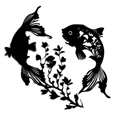 Çiçekli siyah siluetli iki balık. İzole bir element. Beyaz şeffaf arkaplanda siyah bir şekil. Çizici dosya kesiyor. Siyah fırçalı Çin ya da Japon tablosu. Vektör İllüstrasyonu
