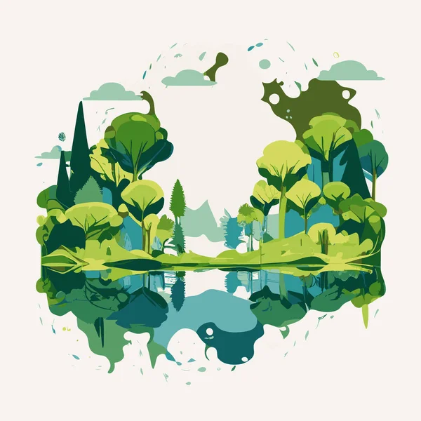 Paysage Été Mis Arrière Plan Avec Lac Montagnes Collines Verdoyantes — Image vectorielle
