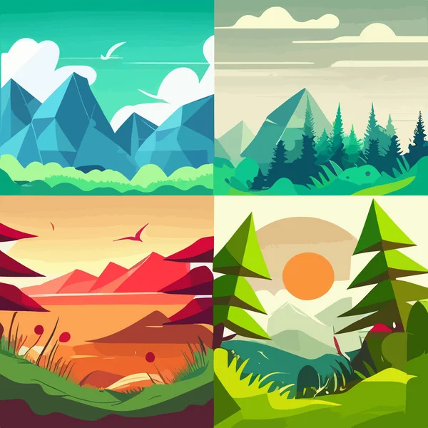 Summer landscape set background with lake, mountains, green field hills, big meadows, blue spring sky and clouds, trees. Countryside. Rural scene. Nature view. Flat cartoon vector illustration.