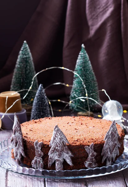 Chocolate Honey Cake Christmas Decoration Wooden Background Rustic Style Selective — Photo
