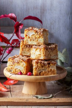 Ahşap bir tepside streusel, ahşap bir zeminde elma ve elma dalları olan Hollanda elmalı pastası dilimleri. Kırsal biçim, seçici odak.